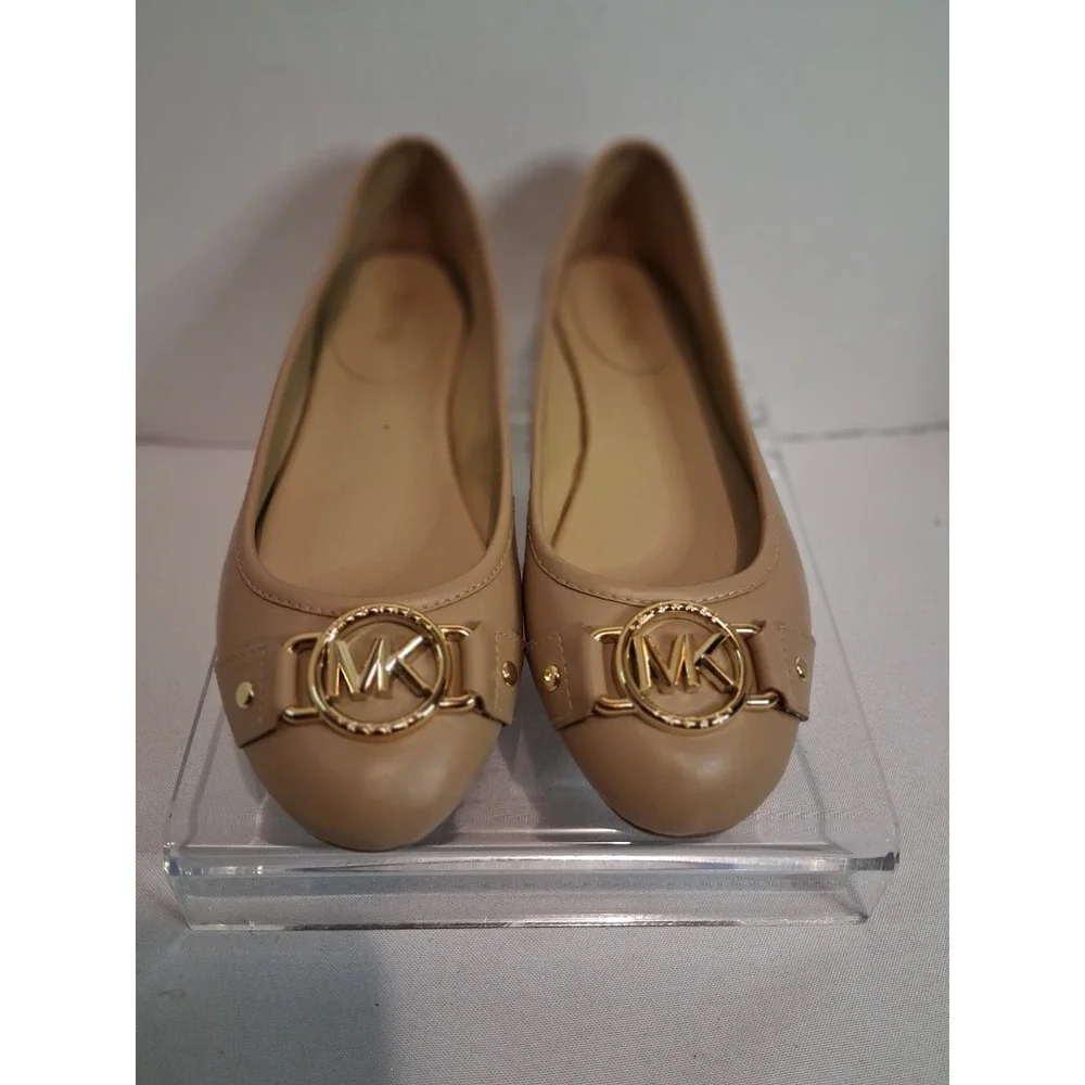 Michael Michael Kors Fulton Moc Tan Leather Ballet Flats Gold Logo Medallion 8.5